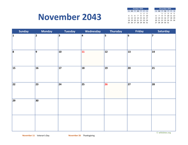 November 2043 Calendar Classic