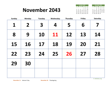 November 2043 Calendar with Extra-large Dates
