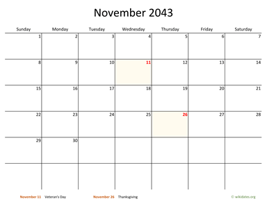 November 2043 Calendar with Bigger boxes