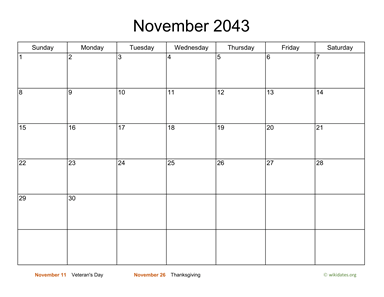Basic Calendar for November 2043