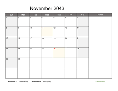 November 2043 Calendar with Notes