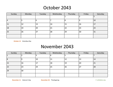 October and November 2043 Calendar Horizontal