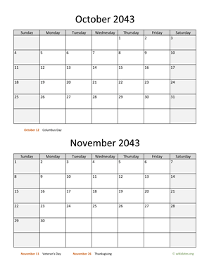 October and November 2043 Calendar Vertical