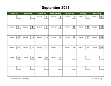 September 2043 Calendar with Day Numbers