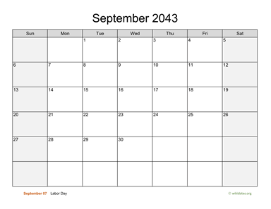 September 2043 Calendar with Weekend Shaded