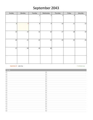 September 2043 Calendar with To-Do List