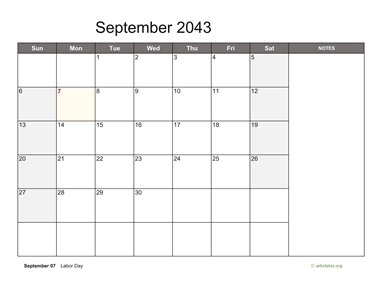 September 2043 Calendar with Notes