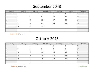 September and October 2043 Calendar Horizontal