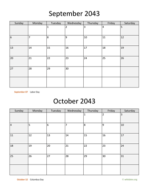 September and October 2043 Calendar Vertical