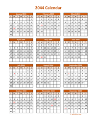 Full Year 2044 Calendar on one page