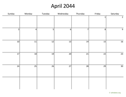 April 2044 Calendar with Bigger boxes
