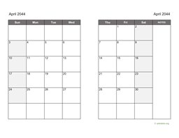 April 2044 Calendar on two pages