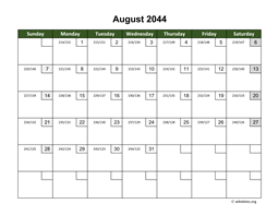 August 2044 Calendar with Day Numbers