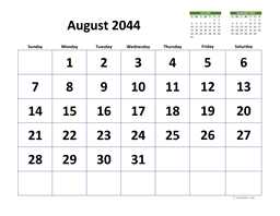 August 2044 Calendar with Extra-large Dates