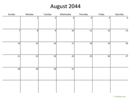 August 2044 Calendar with Bigger boxes