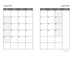 August 2044 Calendar on two pages