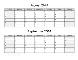 August and September 2044 Calendar