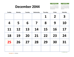 December 2044 Calendar with Extra-large Dates