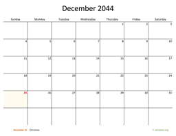 December 2044 Calendar with Bigger boxes