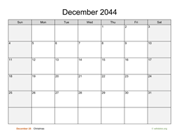 December 2044 Calendar with Weekend Shaded