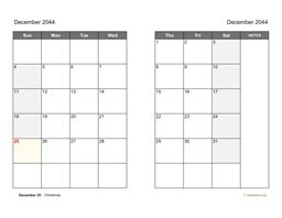 December 2044 Calendar on two pages