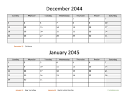 December 2044 and January 2045 Calendar