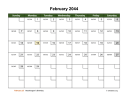 February 2044 Calendar with Day Numbers