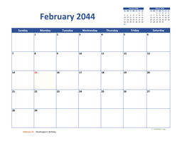 February 2044 Calendar Classic
