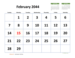 February 2044 Calendar with Extra-large Dates