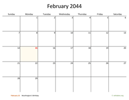 February 2044 Calendar with Bigger boxes