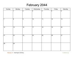 Basic Calendar for February 2044