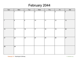 February 2044 Calendar with Weekend Shaded