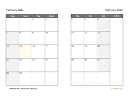 February 2044 Calendar on two pages