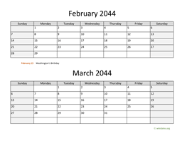 February and March 2044 Calendar