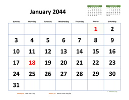 January 2044 Calendar with Extra-large Dates