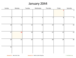 January 2044 Calendar with Bigger boxes