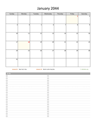 January 2044 Calendar with To-Do List