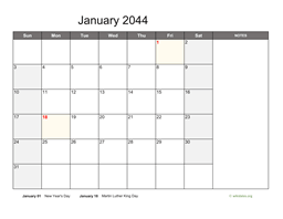 January 2044 Calendar with Notes