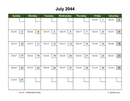 July 2044 Calendar with Day Numbers