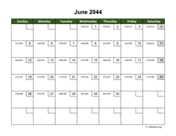 June 2044 Calendar with Day Numbers