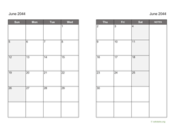 June 2044 Calendar on two pages