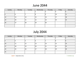 June and July 2044 Calendar