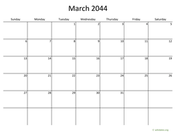 March 2044 Calendar with Bigger boxes