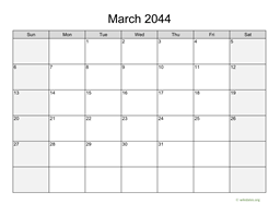 March 2044 Calendar with Weekend Shaded