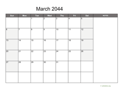 March 2044 Calendar with Notes