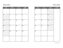 March 2044 Calendar on two pages