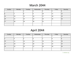 March and April 2044 Calendar