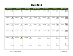 May 2044 Calendar with Day Numbers