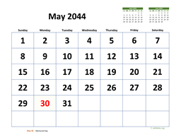 May 2044 Calendar with Extra-large Dates