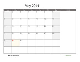 May 2044 Calendar with Notes